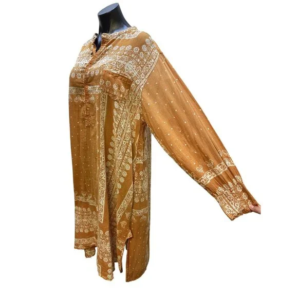 Magnolia Pearl Boho Style Mustard & Cream Floral Print Dress w/Button Front - Picture 5 of 11